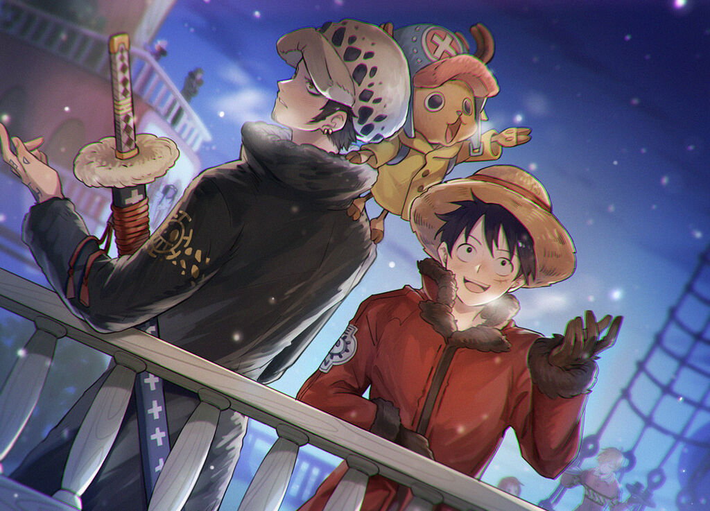 2boys :d against_railing antlers_through_headwear black_coat black_hair breath coat earrings fur_hat gloves hand_up hat jewelry long_sleeves male_focus monkey_d._luffy multiple_boys nami_(one_piece) nico_robin nico_robin_(punk_hazard) one_piece open_mouth outdoors parted_lips railing reindeer roronoa_zoro sanji_(one_piece) sheath sheathed smile snowing straw_hat striped_coat sword tony_tony_chopper trafalgar_law usopp weapon winter_clothes winter_coat yurichi_(artist)