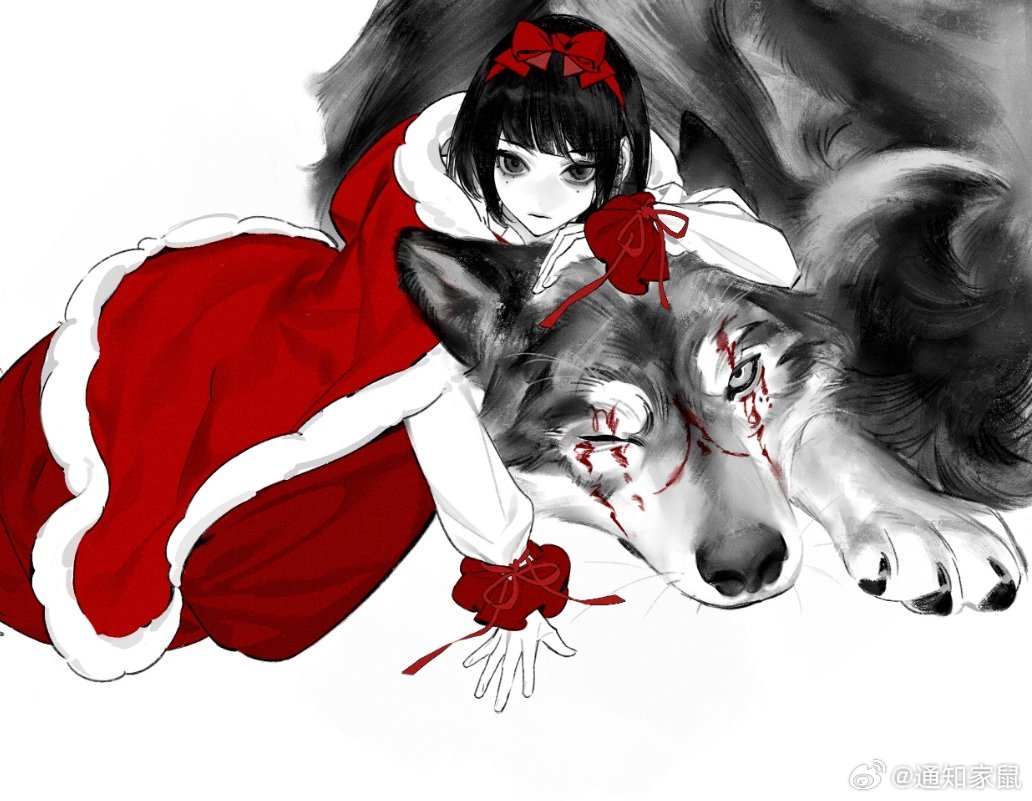 1girl black_eyes black_hair bow bowtie cape couple fur-trimmed_cape fur_trim li_yuting_(female) mole mole_under_eye red_cape short_hair simple_background tongzhi_jiashu touqi_guaitan wolf ziche_fuzhao