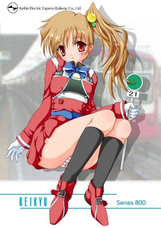 1girl 2000s_(style) archived_source ashita_yaru black_socks blue_bow blue_bowtie bow bowtie closed_mouth commentary_request drop_shadow full_body gloves hair_ornament high_side_ponytail holding holding_sign kneehighs light_brown_hair long_hair long_sleeves miniskirt original panties pantyshot personification pleated_skirt red_eyes red_shirt red_shoes red_skirt road_sign shirt shoes side_ponytail sign sitting skirt smile socks solo striped_clothes striped_panties train underwear white_gloves