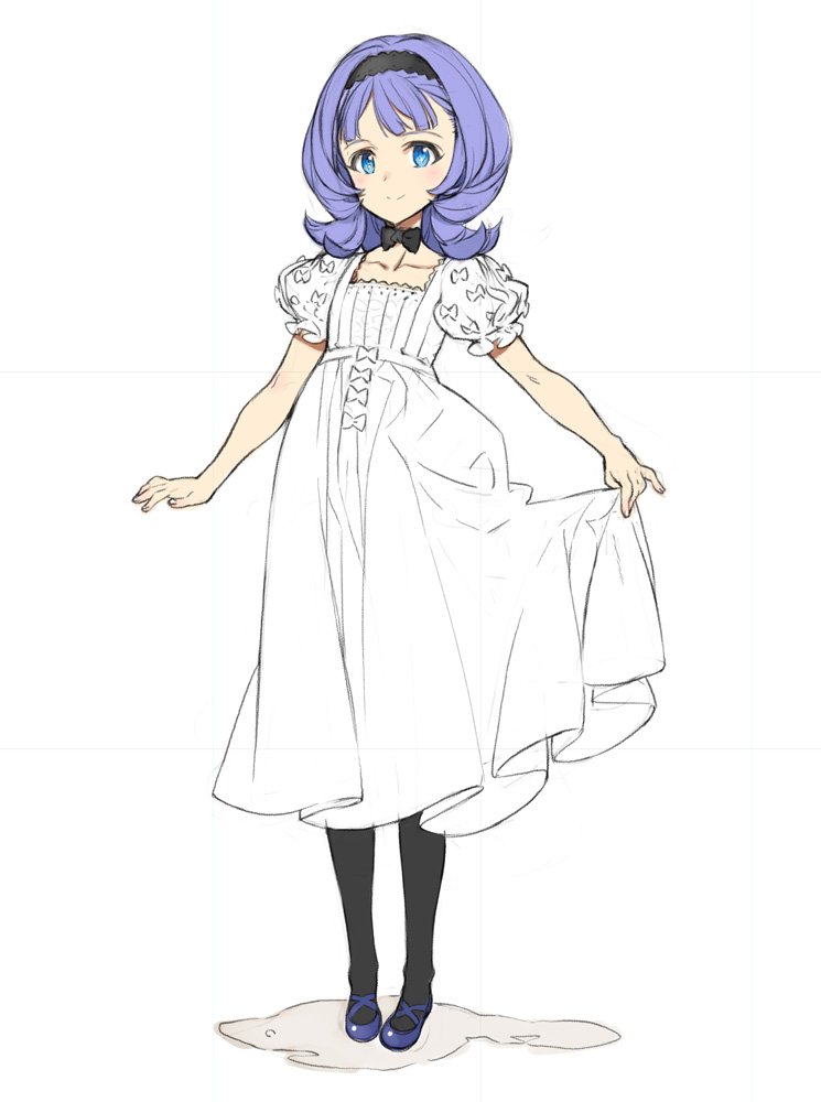 1girl almiria_bauduin black_pantyhose blue_eyes blush bow bowtie child clothes_lift dress female_focus gundam gundam_tekketsu_no_orphans hairband ooyari_ashito pantyhose puffy_short_sleeves puffy_sleeves purple_hair short_sleeves skirt skirt_lift smile solo white_background white_dress