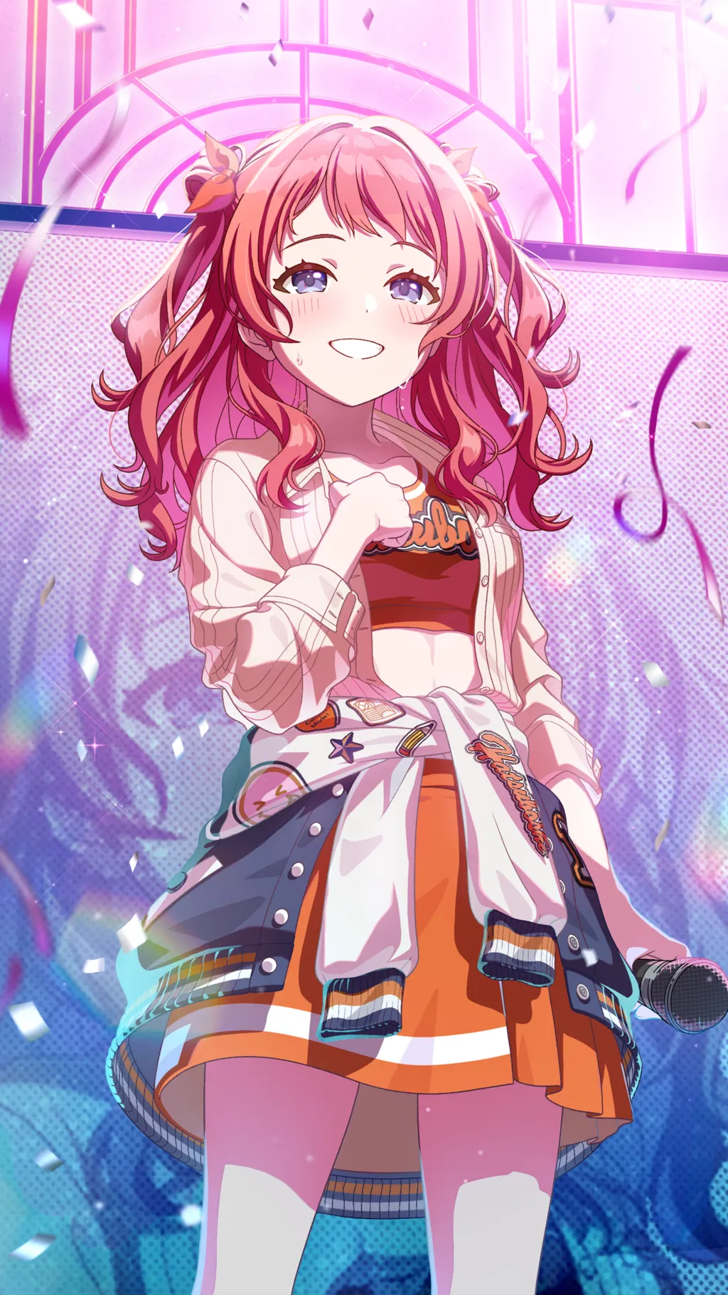 &gt;_&lt; blue_eyes buttons campus_mode!!_(idolmaster) clothes_around_waist confetti english_text gakuen_idolmaster game_cg grin hanami_saki holding holding_microphone idolmaster microphone monitor official_art pencil_skirt red_hair skirt smile star_(symbol) sweat sweater sweater_around_waist twintails