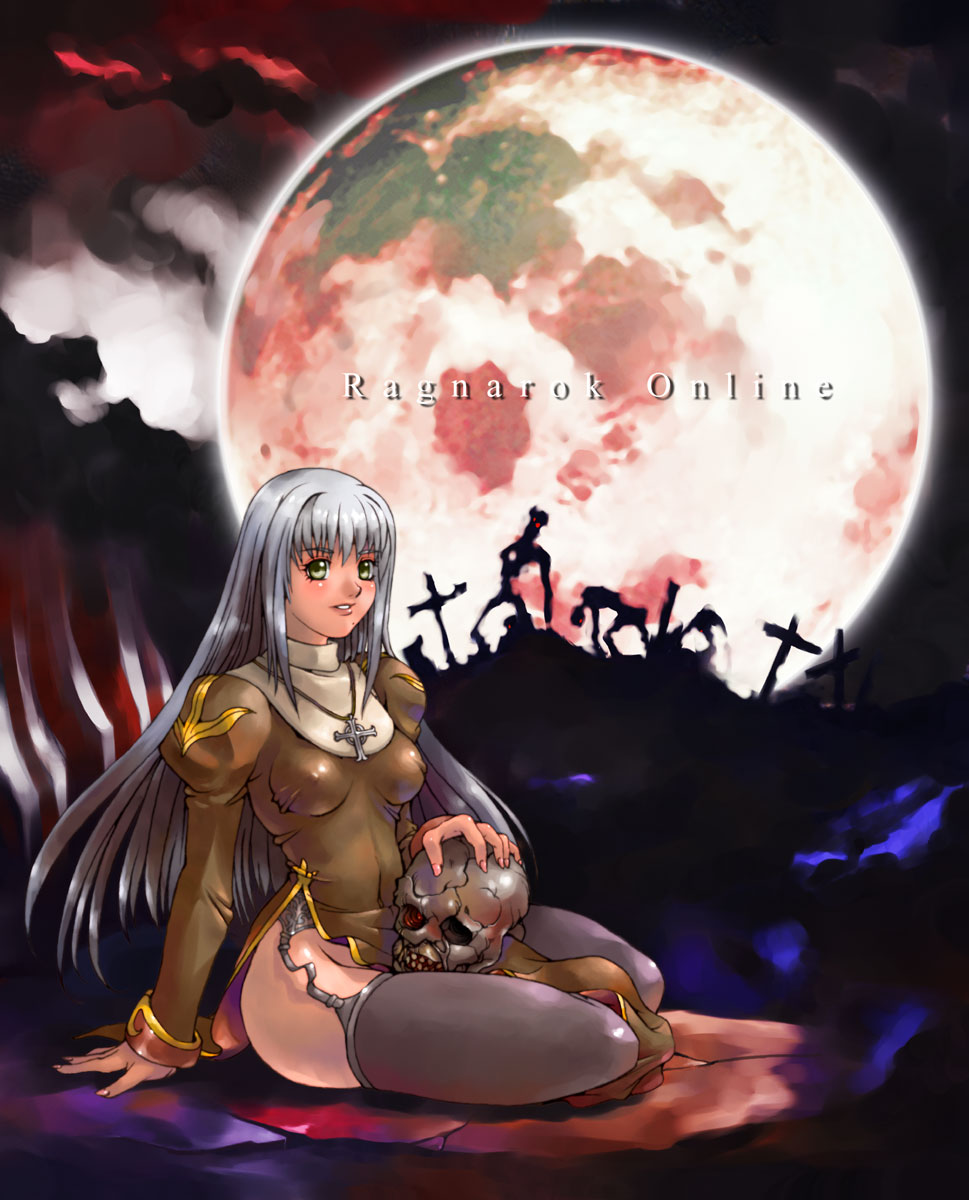 1girl alternate_color black_thighhighs breasts brown_dress commentary copyright_name covered_erect_nipples covered_navel cracked_skull cross cross_necklace dress full_moon garter_belt glowing glowing_eyes graveyard green_eyes grey_hair guimpe high_priest_(ragnarok_online) highres impossible_clothes impossible_dress jewelry juliet_sleeves kainan long_hair long_sleeves looking_at_viewer medium_breasts mole mole_under_eye moon necklace night object_on_lap outdoors parted_lips pelvic_curtain puffy_sleeves ragnarok_online red_eyes red_moon red_sky side_slit sitting skull sky sleeve_cuffs sleeves_past_wrists solo_focus thick_thighs thighhighs thighs tight_clothes tight_dress tombstone undead very_long_hair yokozuwari zettai_ryouiki