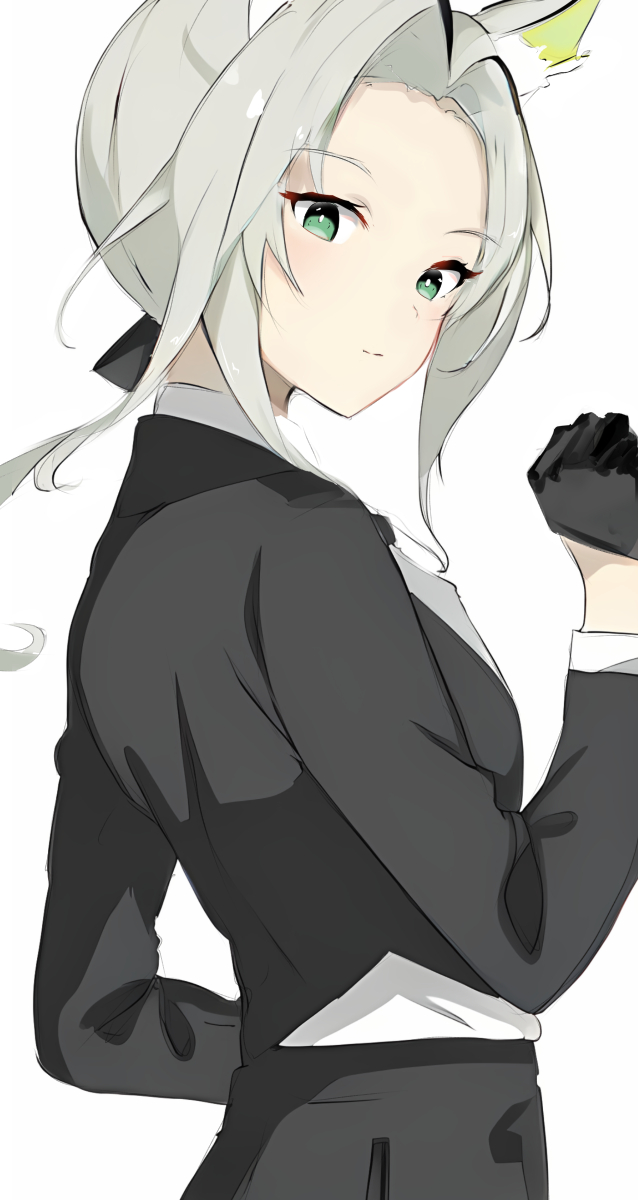 1girl alternate_costume alternate_hairstyle animal_ears arknights black_gloves black_jacket bright_pupils butler closed_mouth collared_shirt commentary cowboy_shot female_butler forehead gloves green_eyes grey_hair hair_intakes half_gloves hand_up highres jacket kal&#039;tsit_(arknights) kal&#039;tsit_(formal)_(arknights) long_hair long_sleeves looking_at_viewer raifu_(rf) shirt simple_background solo split_mouth white_background white_pupils white_shirt