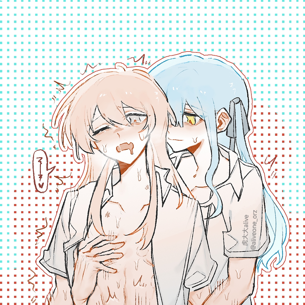 2girls aliveone_orz bang_dream! bang_dream!_it&#039;s_mygo!!!!! black_ribbon blue_hair chihaya_anon collared_shirt commentary_request dotted_background fang fingering grabbing_another&#039;s_breast grabbing_from_behind grey_eyes groping hair_ribbon hickey implied_fingering long_hair multiple_girls one_eye_closed open_clothes open_mouth open_shirt pink_hair reach-around ribbon saliva shirt short_sleeves skin_fang sweat togawa_sakiko two_side_up white_shirt yellow_eyes yuri