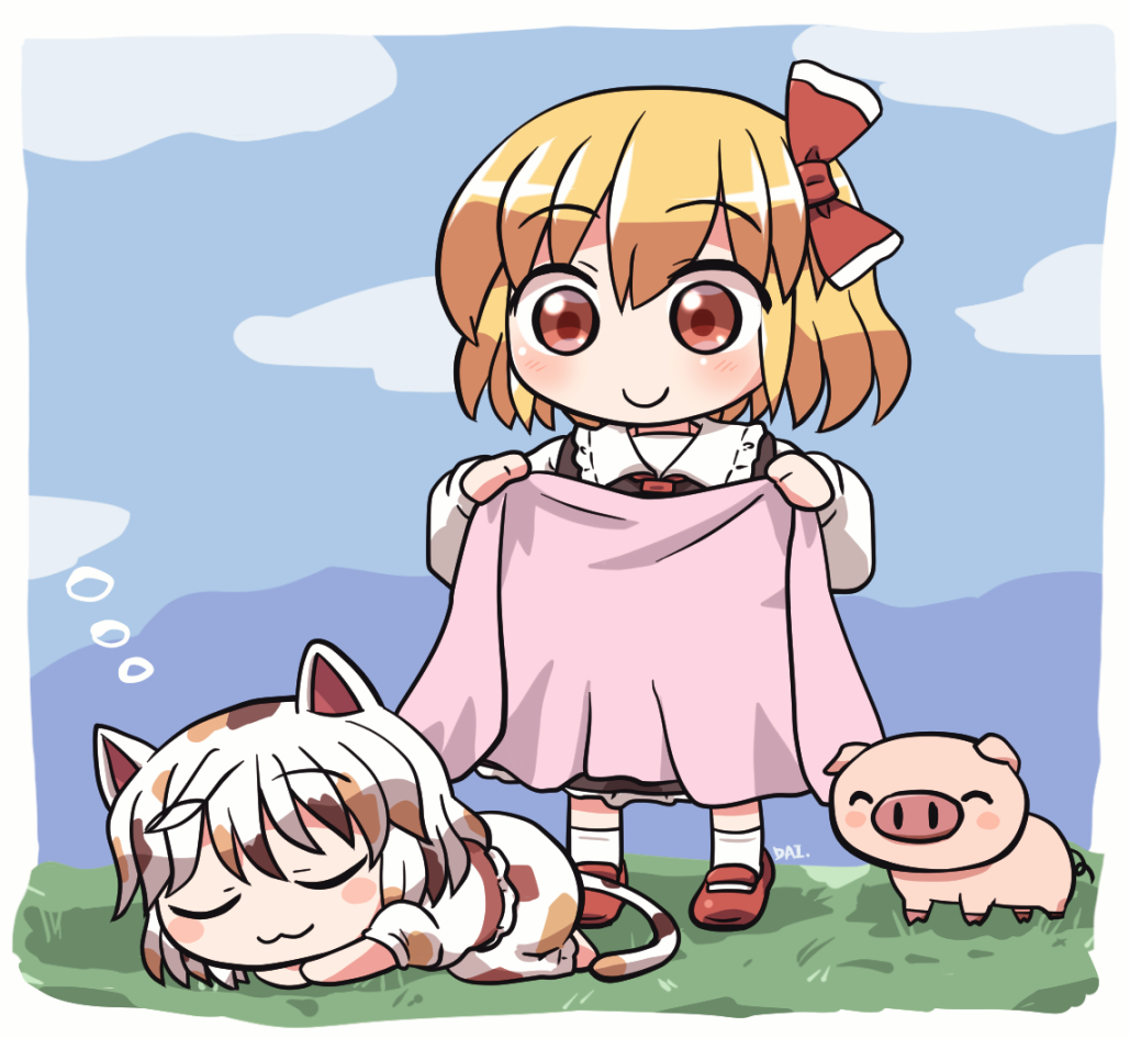 2girls :3 ^_^ animal_ears ascot blanket blonde_hair blue_sky border bow calico cat_ears cat_girl closed_eyes closed_mouth cloud commentary_request goutokuji_mike grass hair_bow holding holding_blanket long_sleeves looking_at_another maneki-neko multicolored_hair multicolored_shirt multicolored_skirt multicolored_tail multiple_girls outdoors pig red_ascot red_bow red_eyes red_shoes rokugou_daisuke rumia shoes short_hair short_sleeves signature skirt sky sleeping smile socks standing streaked_hair tail touhou touhou_cannonball white_border white_hair white_socks