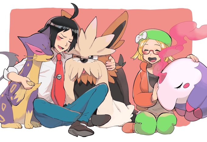 1boy 1girl ahoge animal_ears bianca_(pokemon) black_hair blonde_hair blush blush_stickers border cat_ears cat_tail cheren_(pokemon) closed_eyes collared_shirt dog_ears gen_5_pokemon glasses green_headwear liepard musharna nashubi_(to_infinity_wow) necktie nintendo outside_border pokemon pokemon_(creature) pokemon_bw2 red_necktie shirt smile stoutland tail white_shirt