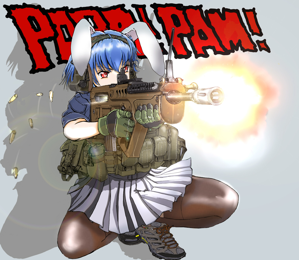 1girl 5.56x45mm_nato animal_ears assault_rifle belt black_thighhighs blue_hair blue_jacket bullpup carbine_cartridge commentary_request dmr_cartridge ear_protection extended_barrel firing gloves green_gloves grey_background grey_shoes grey_skirt gun harness holding holding_gun holding_weapon intermediate_cartridge iwi_tavor jacket lmg_cartridge looking_to_the_side military military_operator miniskirt nakamura_3sou pantyhose pleated_skirt pouch rabbit_ears red_eyes reisen rifle rifle_cartridge shell_casing shoes short_hair silhouette skirt sneakers solo sound_effects squatting tavor_tar-21 thighhighs touhou utility_belt v-shaped_eyes weapon