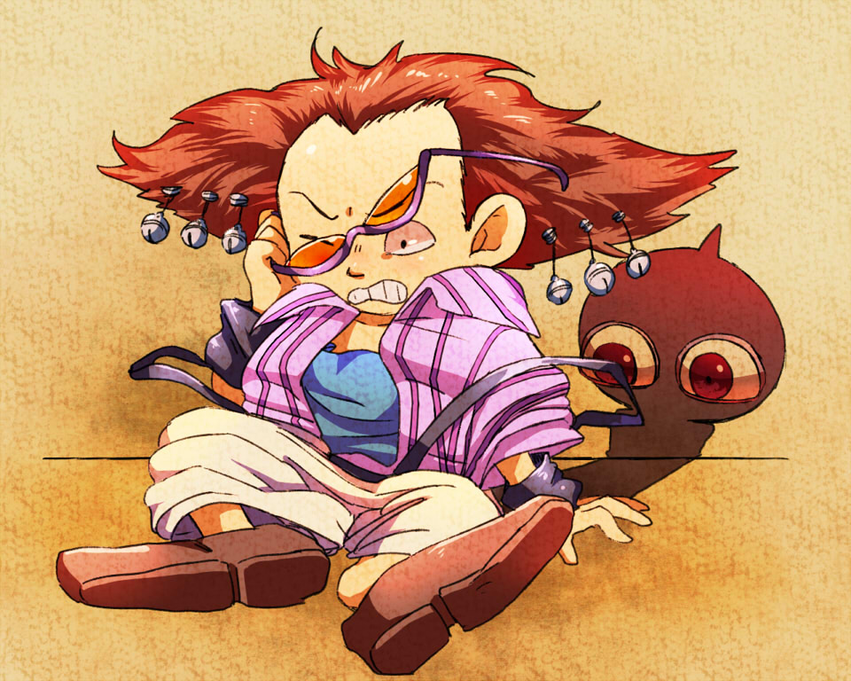 1boy age_regression alessi bell child irony jojo_no_kimyou_na_bouken kamiura long_hair male_focus oversized_clothes red_hair sethan_(stand) shadow shoe_dangle solo stand_(jojo) sunglasses wristband aged_down