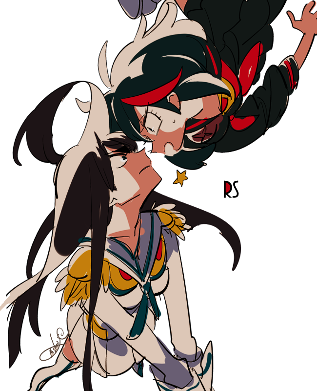 2girls black_hair black_shirt blue_neckerchief closed_mouth commentary_request epaulettes eye_contact eyelashes jacket junketsu kill_la_kill kiryuuin_satsuki long_sleeves looking_at_another matoi_ryuuko multiple_girls neckerchief open_mouth sameyama_jiro senketsu shirt siblings simple_background sisters white_background white_jacket