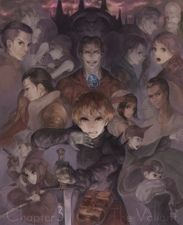 alma_beoulve armor blonde_hair brown_hair celia chemist_(fft) dark_skin delita_heiral final_fantasy final_fantasy_tactics gloves headband hood lettie long_hair marach_galthena multiple_boys multiple_girls ninja_(fft) orran_durai ovelia_atkascha pr_(puru) ramza_beoulve rapha_galthena samurai_(fft) short_hair summoner_(fft) sword weapon wiegraf_folles