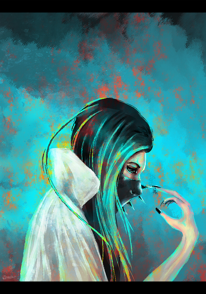 1boy androgynous as_nodt black_hair bleach bleach:_sennen_kessen-hen blue_background cape commentary letterboxed long_hair male_focus mask nail_polish quincy_(bleach) solo spikes sternritter wandenreich white_cape