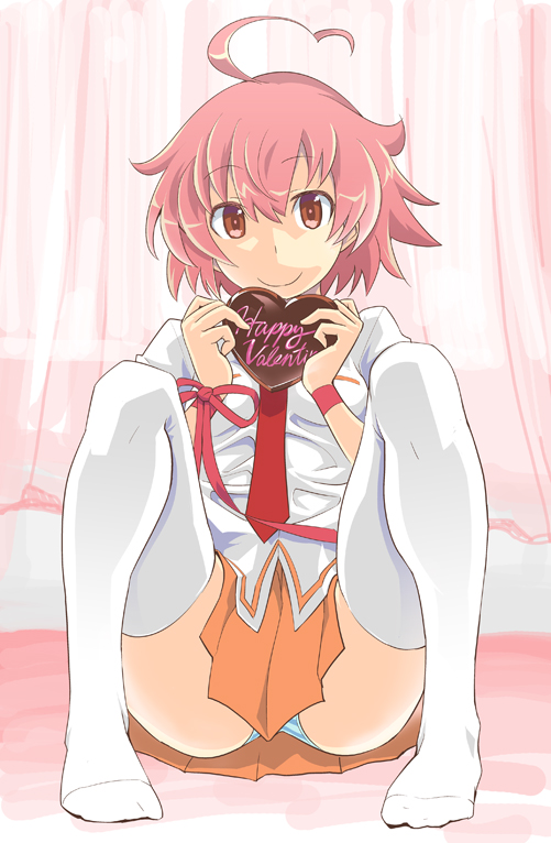 1girl ahoge aino_heart aq_interactive arcana_heart arcana_heart_2 arcana_heart_3 atlus bow candy chocolate chocolate_heart examu female_focus food happy_valentine heart heart_ahoge misono_gakuen_school_uniform necktie orange_skirt panties pantyshot pink_hair ribbon school_uniform sitting skirt solo striped_clothes striped_panties takashi_moritaka thighhighs underwear upskirt valentine wrist_ribbon