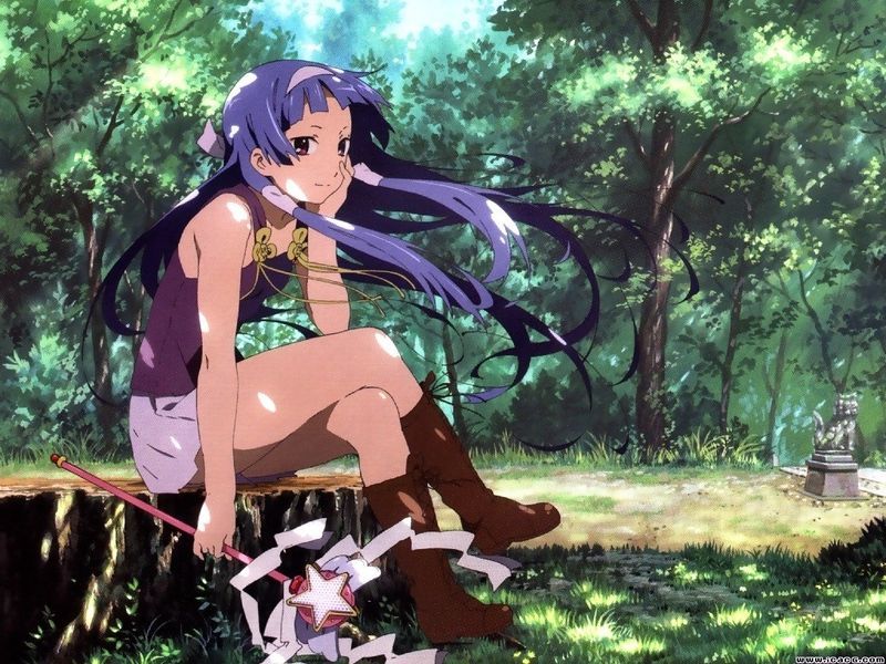 1girl blue_hair boots day female_focus forest full_body jpeg_artifacts kannagi long_hair nagi nature outdoors purple_eyes sitting skirt solo wand