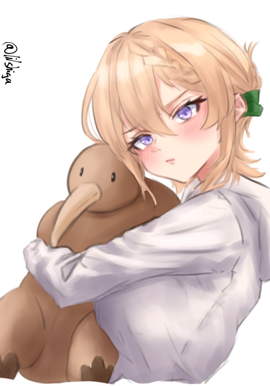 1girl blonde_hair blue_eyes braid braided_bangs braided_bun emu hair_between_eyes hair_bun highres hugging_doll hugging_object kantai_collection lilshigu perth_(kancolle) purple_eyes short_hair simple_background solo stuffed_animal stuffed_bird stuffed_toy sweater upper_body white_background white_sweater