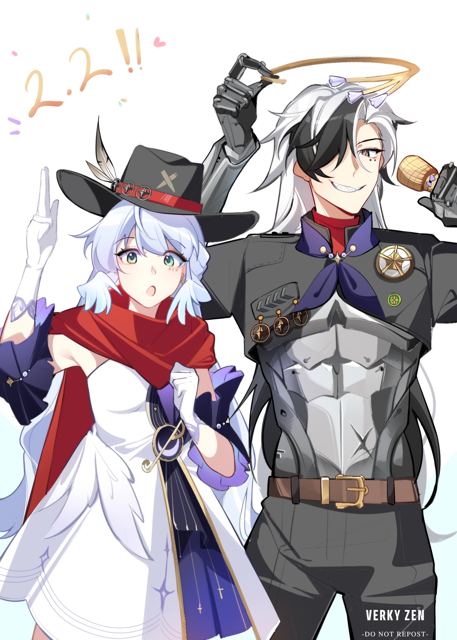 1boy 1girl :o accessories_switch alternate_costume artist_name badge belt black_eyes black_hair black_hat black_pants black_shrug blue_hair blue_neckerchief boothill_(honkai:_star_rail) cape cowboy_hat cowboy_shot detached_sleeves dress earrings elbow_gloves gloves green_eyes grin hair_over_one_eye halo hand_up hat hat_feather head_wings highres holding holding_halo holding_microphone honkai:_star_rail honkai_(series) jewelry joints long_hair long_sleeves looking_at_viewer marking_on_cheek microphone multicolored_hair neckerchief one_eye_covered open_mouth pants red_cape robin_(honkai:_star_rail) robot_joints shrug_(clothing) simple_background smile standing swept_bangs two-tone_hair verkyzen white_background white_dress white_gloves white_hair wings