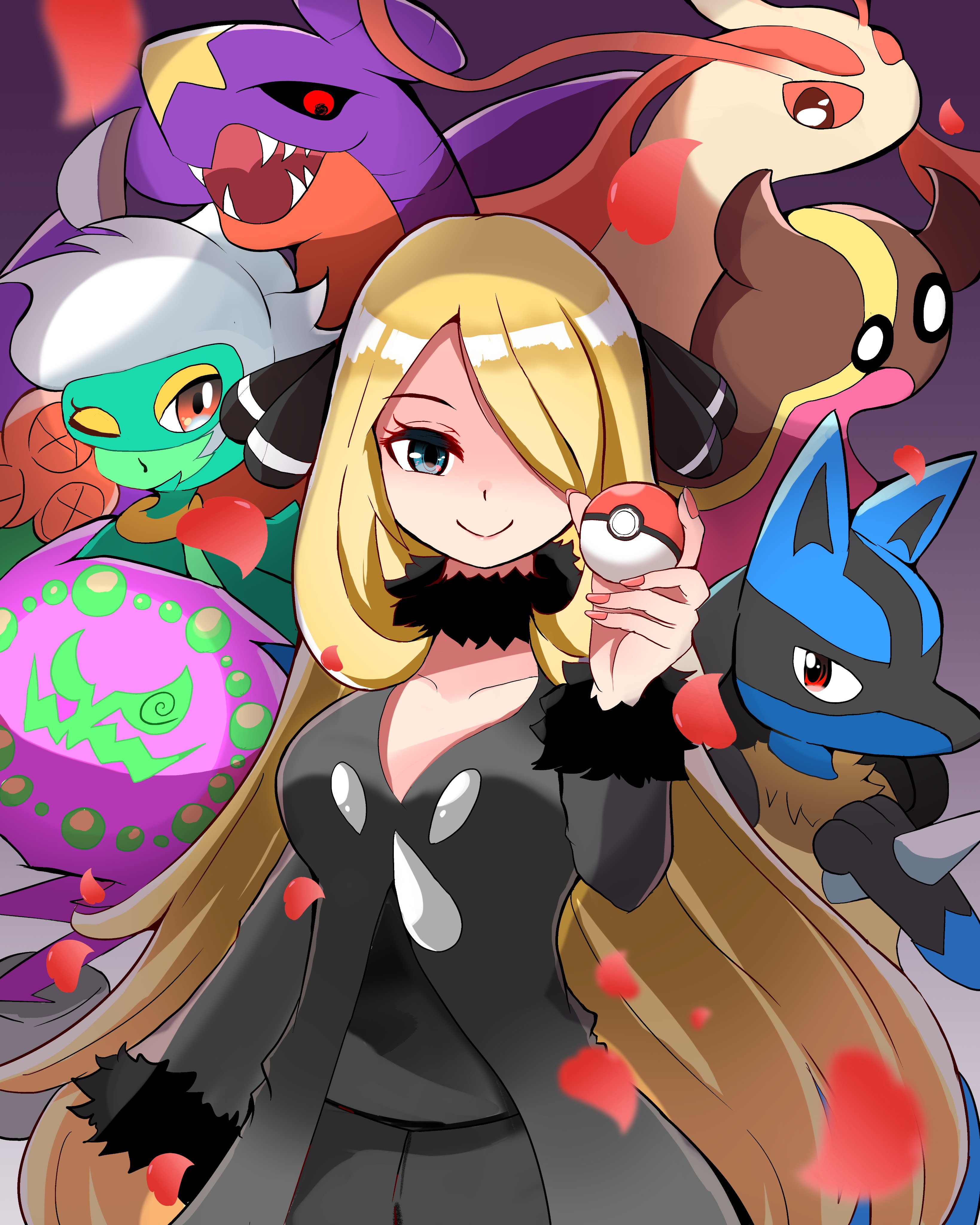 1girl absurdres arm_at_side black_coat black_pants black_shirt blonde_hair blue_eyes breasts carrot_summer closed_mouth coat collarbone cynthia_(pokemon) eyelashes fingernails fur-trimmed_sleeves fur_collar fur_trim game_freak garchomp gastrodon gastrodon_(west) gen_3_pokemon gen_4_pokemon gradient_background hair_ornament hair_over_one_eye hand_up highres holding holding_poke_ball long_hair long_sleeves looking_at_viewer lucario medium_breasts milotic nintendo pants petals poke_ball poke_ball_(basic) pokemon pokemon_(creature) pokemon_dppt red_petals roserade shirt smile spiritomb very_long_hair