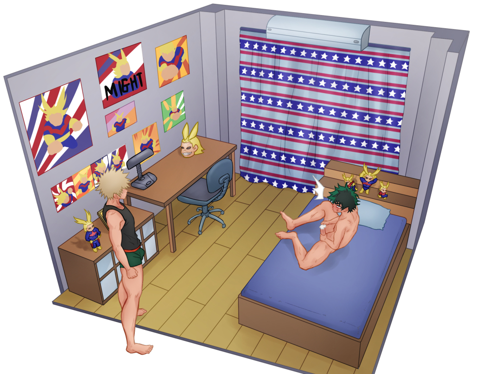 2boys all_might bakugou_katsuki boku_no_hero_academia bones_(company) bulge camo caught caught_masturbating dorm_room figurine gay indoors male male_masturbation masturbation merchandise midoriya_izuku multiple_boys nude poster poster_(object) shounen_jump spiked_hair yaoi