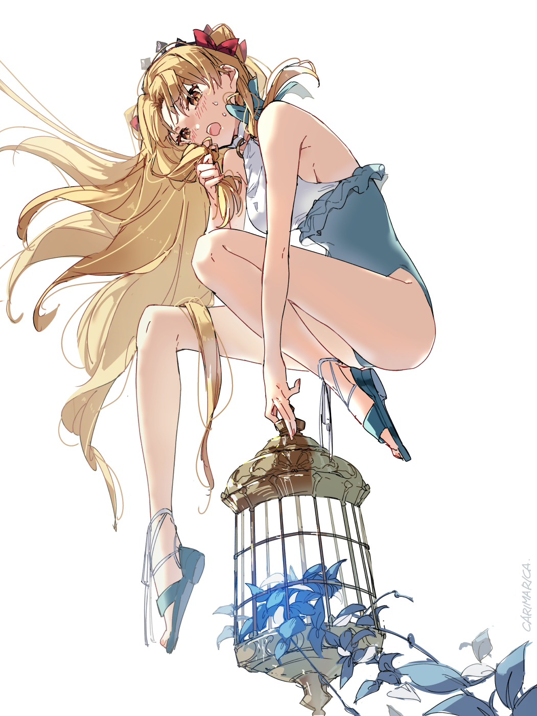 1girl bare_shoulders birdcage black_tiara blonde_hair blue_one-piece_swimsuit blush bow breasts cage carimarica curtained_hair fate/grand_order fate_(series) frilled_one-piece_swimsuit frills full_body grey_one-piece_swimsuit hair_bow highleg highleg_one-piece_swimsuit highres holding holding_cage holding_seashell long_hair looking_at_viewer medium_breasts o-ring o-ring_swimsuit one-piece_swimsuit open_mouth parted_bangs red_eyes simple_background smile solo space_ereshkigal_(fate) space_ereshkigal_(first_ascension)_(fate) swimsuit tiara two-tone_one-piece_swimsuit two-tone_swimsuit two_side_up white_background white_one-piece_swimsuit