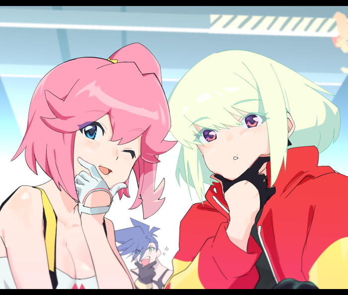 1girl 2boys :d :o aina_ardebit black_gloves black_shirt blonde_hair blue_eyes blue_hair breasts cleavage colored_eyelashes earrings firefighter_jacket galo_thymos gloves half_gloves hand_on_own_chin jacket jewelry large_breasts lio_fotia looking_at_viewer multiple_boys ns1123 one_eye_closed open_mouth pink_hair promare purple_eyes red_jacket shirt short_hair side_ponytail sidelocks smile suspenders trap triangle_earrings white_gloves white_shirt