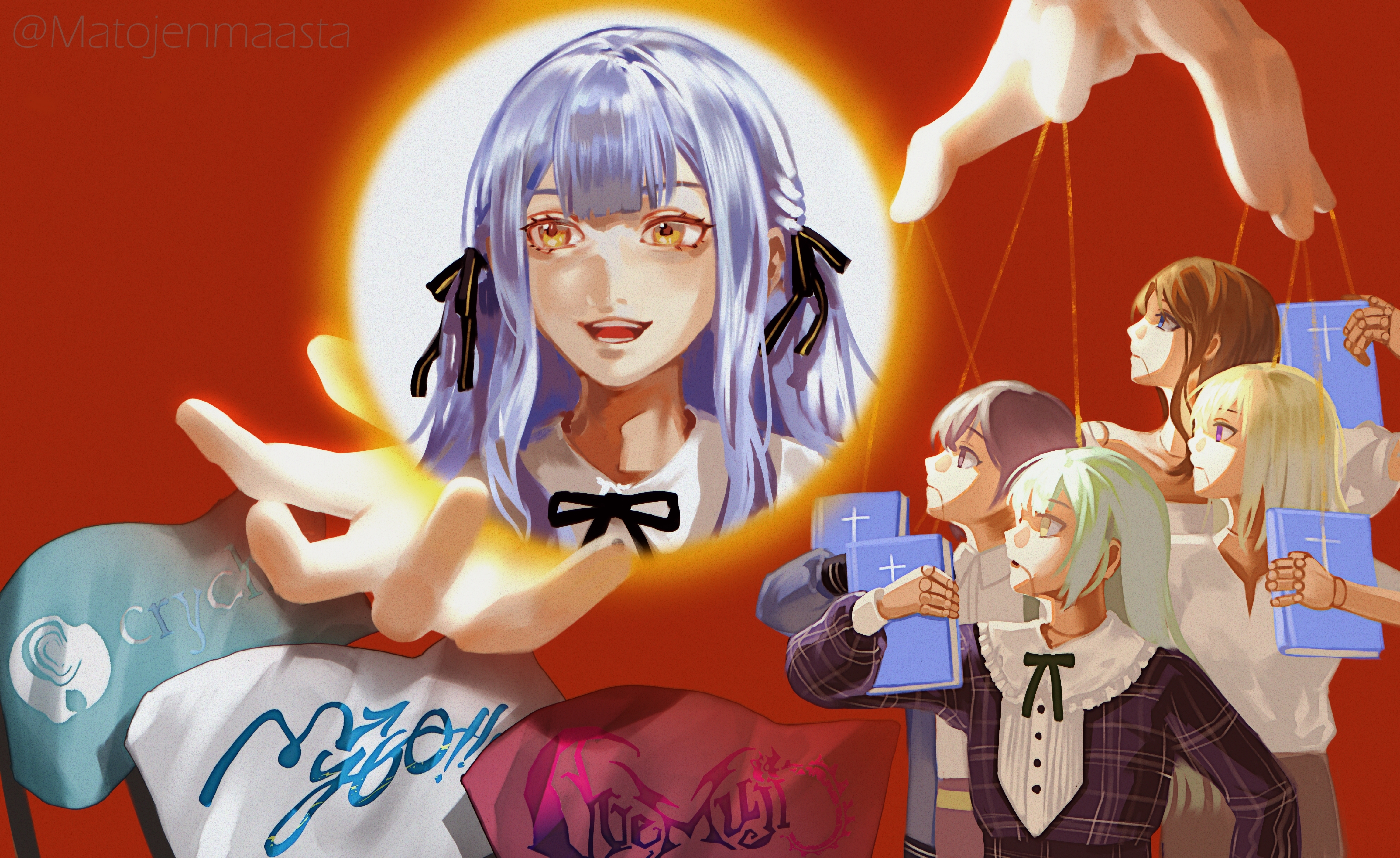 5girls :d absurdres ave_mujica_(bang_dream!) bang_dream! bang_dream!_it's_mygo!!!!! black_ribbon blonde_hair blue_eyes blue_hair book brown_hair buttons chinese_commentary closed_mouth commentary_request cross crychic_(bang_dream!) doll_joints empty_eyes expressionless flag green_hair grey_eyes grey_hair hair_ribbon hand_up highres holding holding_book joints latin_cross long_hair long_sleeves matojenmaasta misumi_uika multiple_girls mygo!!!!!_(bang_dream!) nagasaki_soyo neck_ribbon open_mouth parody plaid_clothes profile propaganda puppet_strings puritan_collar purple_eyes red_background ribbon satire shirt short_sleeves sidelocks simple_background smile sun t-shirt takamatsu_tomori teeth togawa_sakiko two_side_up wakaba_mutsumi white_shirt wing_collar yellow_eyes