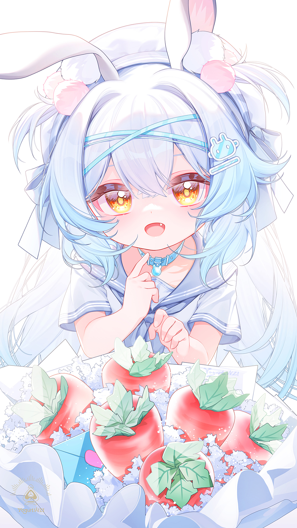 1girl animal_ear_fluff animal_ears bouquet carrot carrot_bouquet flower hair_ornament highres jewelry necklace original rabbit_ears rabbit_hair_ornament school_uniform suaynnai_wanzi tagme yellow_eyes