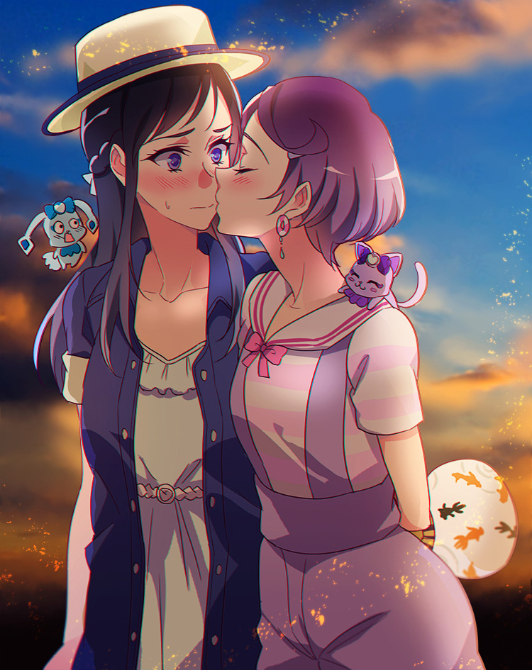 2girls animal animal_on_shoulder arms_behind_back blue_dress blue_eyes blue_hair blue_shirt blurry blurry_background blush cat cat_on_shoulder closed_eyes collarbone collared_shirt cowboy_shot davi_(dokidoki!_precure) dokidoki!_precure dress dress_shirt dusk earrings hat hishikawa_rikka jewelry kenzaki_makoto kiss long_hair multiple_girls negom open_clothes open_shirt outdoors precure purple_hair purple_shorts rakeru_(dokidoki!_precure) sailor_collar sailor_shirt shirt short_hair short_sleeves shorts standing striped_clothes striped_shirt sundress suspender_shorts suspenders sweatdrop white_headwear white_sailor_collar wing_collar yuri