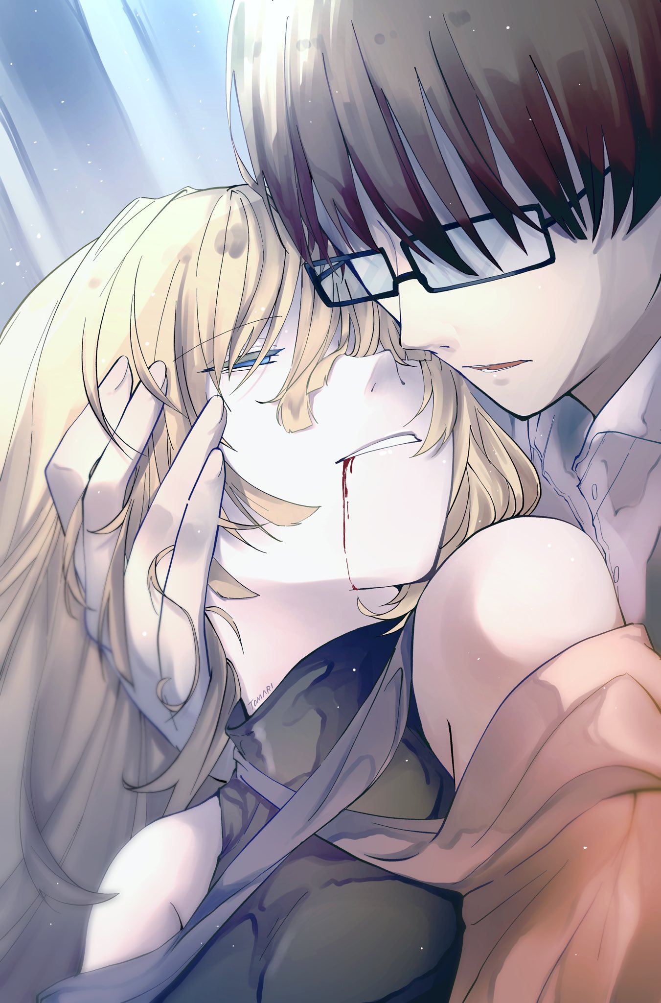 1boy 1girl alternate_hair_color bare_shoulders black_dress blonde_hair blood blood_from_mouth brown_hair clothing_cutout corpse dress elluka_chirclatia empty_eyes evillious_nendaiki half-closed_eyes hand_on_another's_head head_hold highres hiyama_kiyoteru kiril_clockworker light_particles ma_survival_(vocaloid) megurine_luka open_collar pale_skin parted_lips shirt shoulder_cutout smile tomari_drew tsuisou_no_orugooru_(vocaloid) unbuttoned unbuttoned_shirt vocaloid
