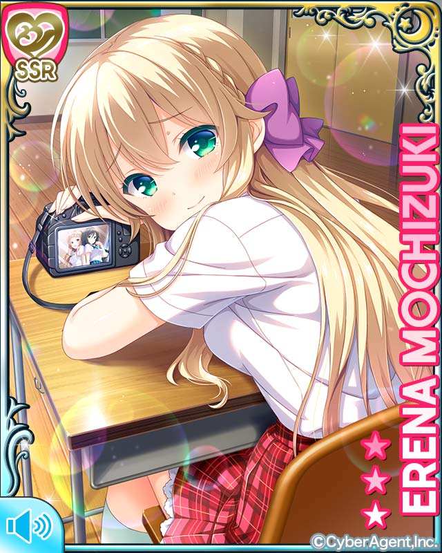 3girls :d alternative_girls blonde_hair blue_bow blue_eyes blue_neckwear blue_skirt blush bow bowtie braid breasts brown_hair camera card_(medium) character_name classroom closed_mouth crossover cyberagent day desk dress female_focus frilled_skirt frills girlfriend_(kari) green_eyes hair_between_eyes hair_ornament hair_ribbon indoors large_breasts long_hair looking_at_viewer miniskirt mochizuki_erena multiple_girls official_art open_mouth picture pink_eyes plaid_clothes plaid_skirt pleated_skirt qp:flapper red_bow red_skirt ribbon school school_uniform shirt short_hair short_sleeves skirt smile tagme white_dress