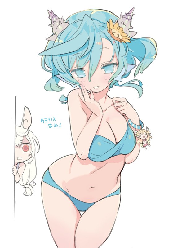 2girls animal_ears aqua_eyes aqua_hair bikini blade_(galaxist) blush breasts character_doll clarice_umbra cleavage commentary commentary_request doll erika_oldenburg fins flower hair_flower hair_ornament head_fins kirara_ookami long_hair looking_at_viewer low-tied_long_hair medium_breasts mole mole_under_eye multiple_girls navel parted_lips peeking peeking_out pop-up_story rabbit_ears rabbit_girl red_eyes shell_hair_ornament short_hair simple_background siren_(mythology) surprised swimsuit white_background white_hair