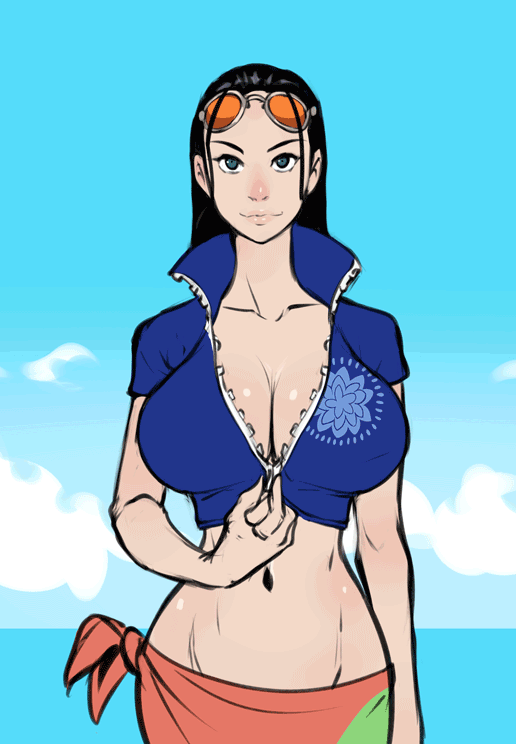 1girl animated animated_gif black_hair blue_eyes blue_sky breasts breasts_apart cleavage cloud commission cowboy_shot cropped_jacket day female_focus grabbing_own_breast groping high_collar huge_breasts izra jacket long_hair nico_robin nico_robin_(return_to_sabaody) nipples no_bra one_piece sarong sequential short-sleeved_jacket short_sleeves sky slideshow_animation solo standing tagme unzipped water zipper