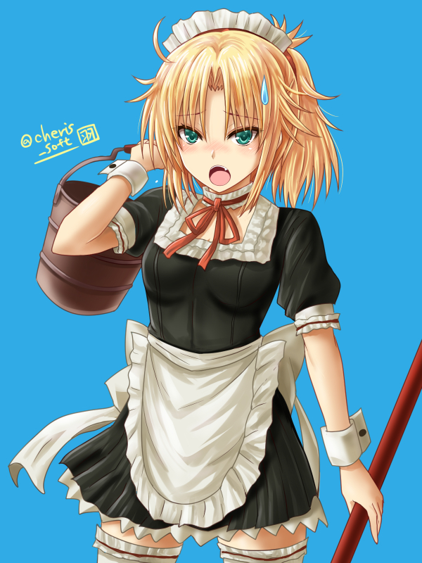 1girl alternate_costume apron black_dress blonde_hair blue_background blush bucket dress enmaided fate/apocrypha fate_(series) frilled_apron frills green_eyes haura_akitoshi knights_of_the_round_table_(fate) looking_at_viewer maid maid_apron maid_headdress mordred_(fate) mordred_(fate/apocrypha) open_mouth ponytail puffy_short_sleeves puffy_sleeves red_ribbon ribbon short_sleeves sweatdrop thighhighs unconventional_maid waist_apron white_apron wrist_cuffs