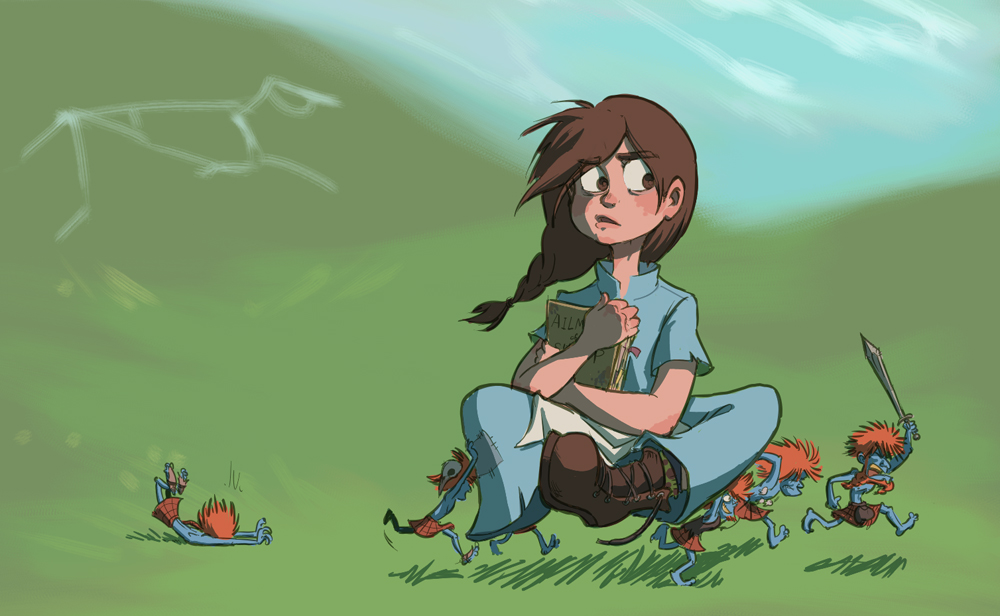 1girl 6+boys big_yan blue_dress blue_skin blue_sky book boots braid braiding_hair brown_eyes brown_hair chalk_outline colored_skin daft_wullie day discworld dress feegles hairdressing hill hot-choc kilt multiple_boys red_hair rob_anybody sky sword tiffany_aching tripping weapon wee_free_men