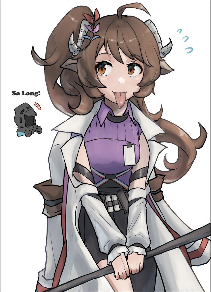 1girl 1other ^^^ ahoge animal_ears arknights asymmetrical_legwear black_pantyhose black_skirt brown_eyes brown_hair collared_shirt cowboy_shot detached_sleeves doctor_(arknights) english_text eyjafjalla_(arknights) eyjafjalla_the_hvit_aska_(arknights) flower hair_flower hair_ornament holding holding_staff horns id_card jacket jacket_on_shoulders long_hair long_sleeves long_tongue looking_to_the_side niceratus_kiotensis pantyhose purple_shirt sheep_ears sheep_girl sheep_horns shirt shirt_tucked_in side_ponytail simple_background single_leg_pantyhose skirt sleeveless sleeveless_shirt staff tongue tongue_out wavy_hair white_background white_jacket