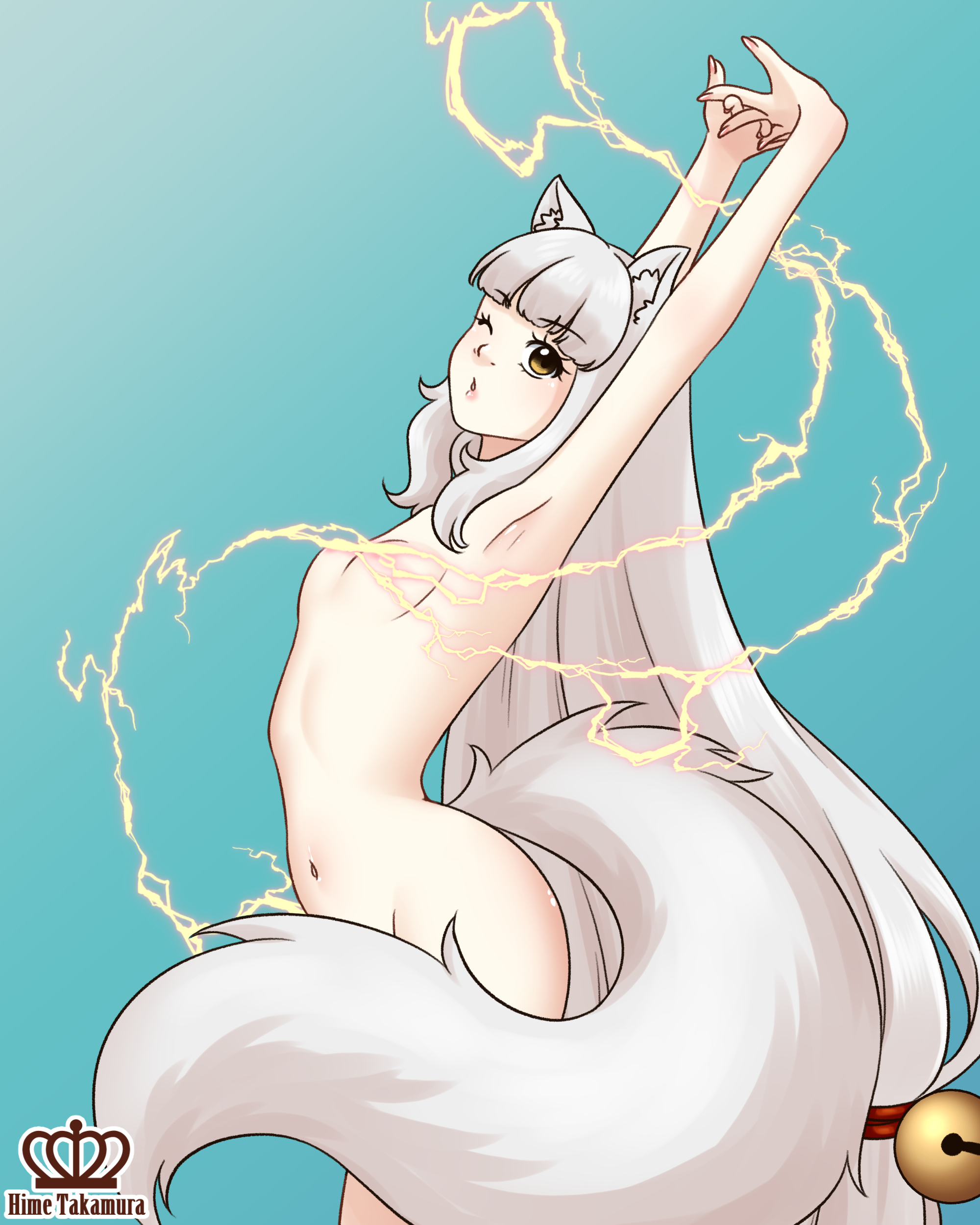 1girl absurdres animal_ear_fluff animal_ears arms_up bell breasts commission commissioner_upload convenient_censoring electricity hair_bell hair_ornament highres hime_takamura long_hair navel nude one_eye_closed open_mouth original small_breasts stretching tail tail_censor telna_hado white_hair wink wolf_ears wolf_girl wolf_tail yellow_eyes