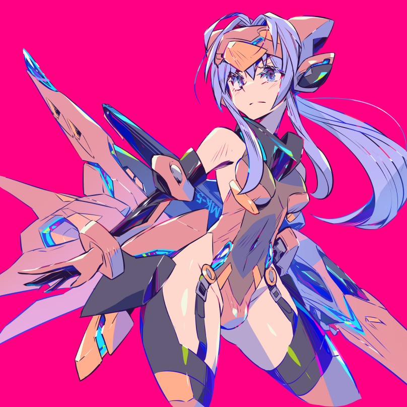 1girl bare_shoulders blue_eyes blue_hair breasts covered_navel elbow_gloves forehead_protector garter_straps gloves headgear leotard long_hair mecha_musume mechanical_wings medium_breasts mk-5 original pink_background ponytail simple_background solo thighhighs weapon wings