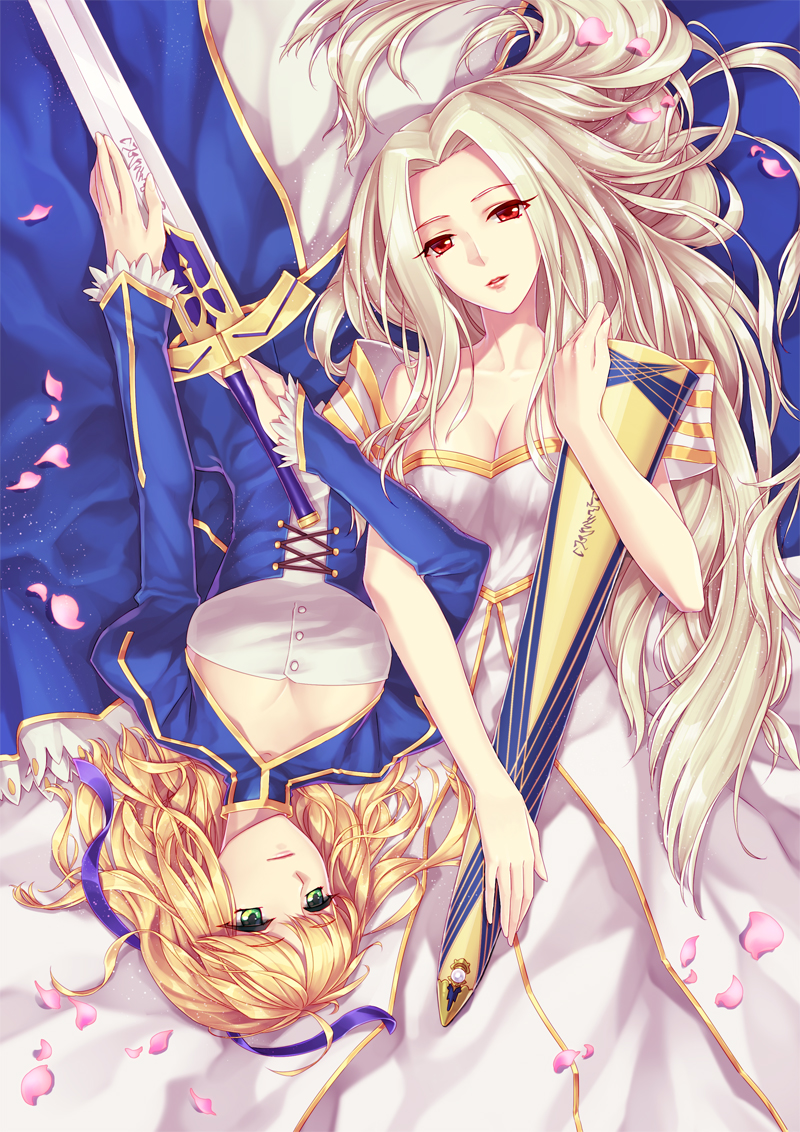 2girls artoria_pendragon_(fate) avalon_(fate) blonde_hair dress excalibur_(fate/stay_night) fate/stay_night fate/zero fate_(series) green_eyes holding irisviel_von_einzbern irisviel_von_einzbern_(angel&#039;s_song) long_hair lying multiple_girls on_back petals red_eyes ribbon saber_(fate) scabbard sheath short_hair silver_hair sword weapon yeruen
