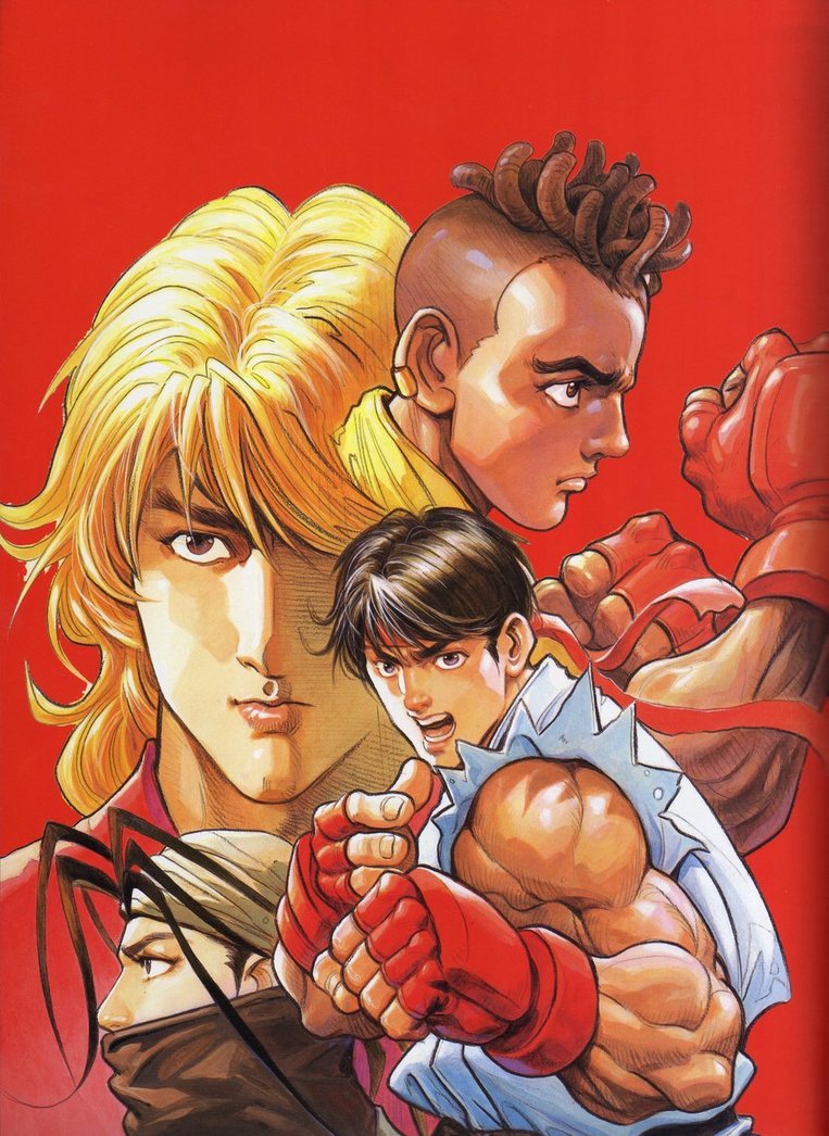 1girl 3boys andy_seto antenna_hair bandana black_hair blonde_hair brown_eyes brown_hair dark-skinned_male dark_skin dougi dreadlocks eyebrows fingerless_gloves gloves half_mask headband ibuki_(street_fighter) ken_masters mask mouth_mask multiple_boys muscular official_art ponytail red_background red_gloves ryu_(street_fighter) sean_matsuda simple_background sleeveless street_fighter street_fighter_iii_(series) white_hair