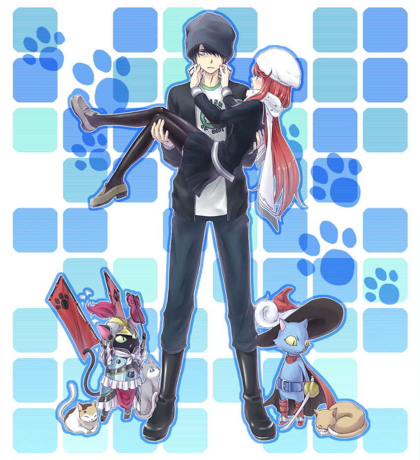 10s 1boy 1girl bad_id bad_pixiv_id ban_airi beanie boots cait_sith_(final_fantasy) carrying cat couple demon_(megami_tensei) devil_survivor_(series) devil_survivor_2 hands_on_another&#039;s_face hat jacket long_hair md5_mismatch neko_shogun oto_nagi paw_print pinching popped_collar pout princess_carry red_hair scarf school_uniform sidelocks simple_background thighhighs torii_jungo very_long_hair zettai_ryouiki
