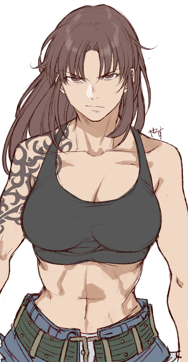 1girl abs arm_tattoo belt_buckle black_lagoon black_tank_top blue_shorts brown_eyes brown_hair buckle denim denim_shorts looking_at_viewer muscular muscular_female revy_(black_lagoon) serious shorts simple_background sketch solo tank_top tattoo white_background yasunososaku