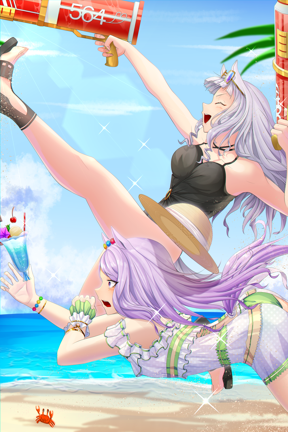 2girls amekudaki animal_ears arm_up armpits bare_shoulders bikini black_one-piece_swimsuit blue_flower blue_sky bow bracelet breasts closed_eyes closed_mouth commentary_request cowboy_shot crab day detached_sleeves dress dress_swimsuit flower flower_bracelet flower_request frilled_bikini frilled_dress frills gold_ship_(run_revolt_launcher)_(umamusume) gold_ship_(umamusume) green_bow green_dress green_ribbon green_trim hair_flower hair_ornament hair_ribbon highres holding holding_water_gun horse_ears horse_girl horse_tail jewelry light_smile long_hair low_twintails mejiro_mcqueen_(ripple_fairlady)_(umamusume) mejiro_mcqueen_(umamusume) midair multicolored_dress multiple_bracelets multiple_girls necklace ocean official_alternate_costume official_alternate_hairstyle one-piece_swimsuit outdoors pink_flower purple_eyes purple_hair purple_tail ribbon shoes short_sleeves sidelocks sky sleeveless sleeveless_dress small_breasts sparkle swimsuit tail twintails umamusume waist_bow water_gun white_dress white_flower white_sleeves