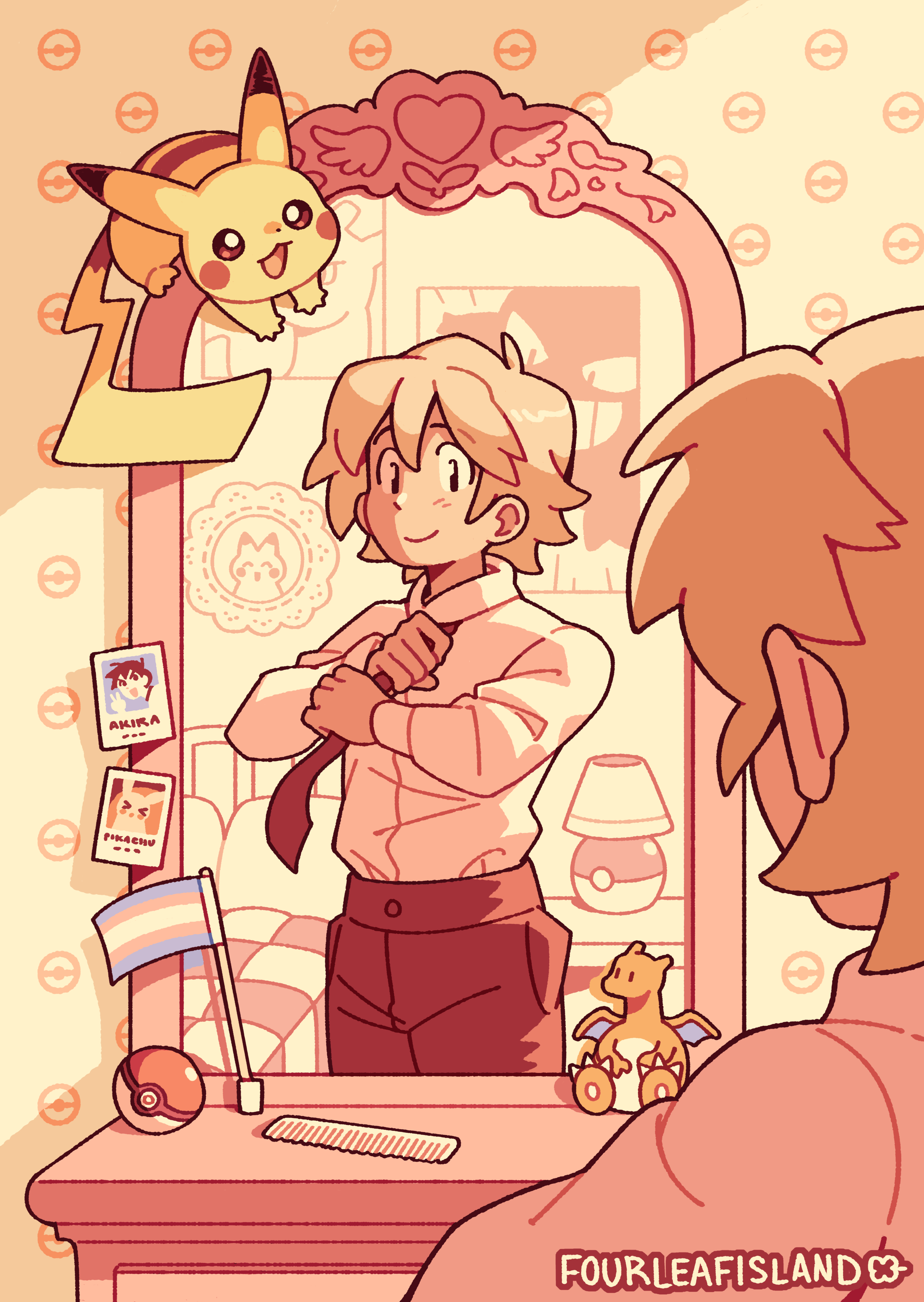 1boy absurdres akari_(pokemon_card) akira_(pokemon_card) artist_name bed blonde_hair brown_pants character_doll charizard collared_shirt comb commentary doll english_commentary fourleafisland gen_1_pokemon gengar highres how_i_became_a_pokemon_card indoors lamp long_sleeves male_focus mirror nintendo pants photo_(object) pikachu poke_ball poke_ball_(basic) pokemon pokemon_(creature) poster_(object) school_uniform shirt short_hair smile solo_focus transgender_flag tying_necktie white_shirt