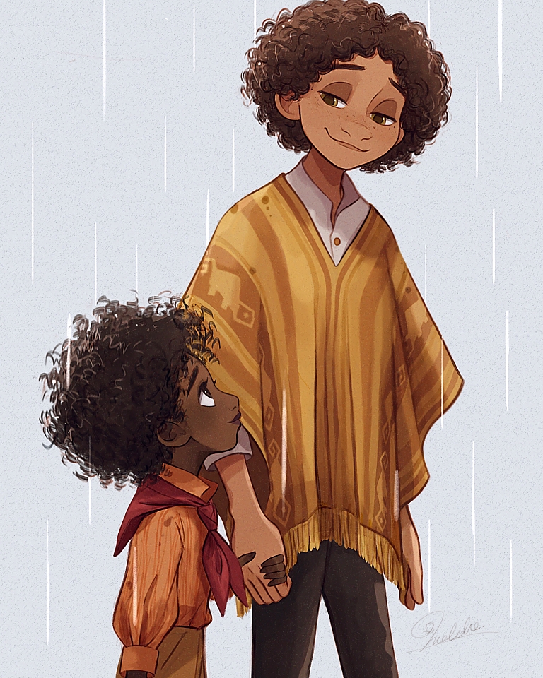 2boys antonio_madrigal brown_eyes brown_hair camilo_madrigal curly_hair dark-skinned_female dark-skinned_male dark_skin earrings encanto jewelry male_focus melchencanto multiple_boys pants poncho shirt short_hair siblings simple_background smile very_dark_skin white_background white_shirt