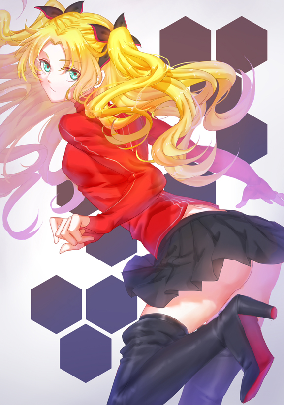 10s 1girl ass ass_cutout black_boots black_thighhighs blonde_hair blue_eyes boots clothing_cutout fate/extra fate/extra_ccc fate_(series) female_focus hair_ribbon high_heel_boots high_heels mitsuki_hana ribbon solo thigh_boots thighhighs tohsaka_rin tohsaka_rin_(fate/extra) tohsaka_rin_(true_appearance)_(fate/extra) two_side_up