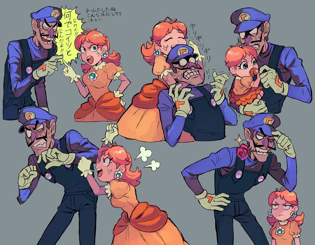 1boy 1girl aged_down ame999garnet anger_vein baby baby_daisy blue_eyes blue_overalls brown_hair crown daisy dress earrings facial_hair flower flower_brooch flower_earrings gloves hat jewelry long_sleeves mario_(series) medium_hair mustache nintendo orange_dress overalls parted_bangs princess_daisy puffy_short_sleeves puffy_sleeves purple_headwear purple_overalls purple_shirt red_flower red_rose rose shared_speech_bubble shirt short_sleeves speech_bubble translation_request waluigi white_gloves