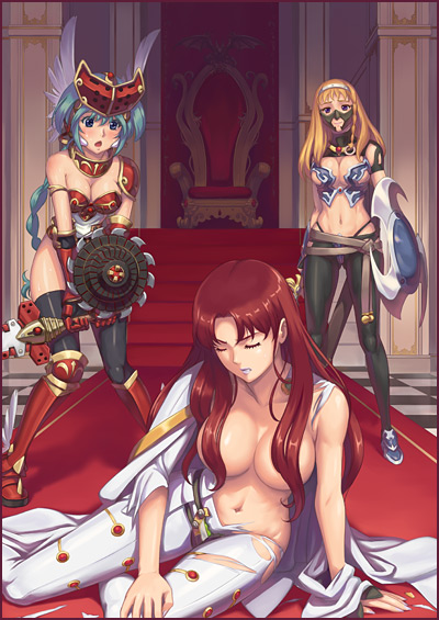 10s 3girls armor bikini_armor blonde_hair blue_eyes breasts claudette_(queen&#039;s_blade) claudette_(queen&#039;s_blade) curvy eiwa green_hair helmet large_breasts leina_(queen&#039;s_blade) leina_(queen&#039;s_blade) leotard long_hair mirim moaning multiple_girls oda_non open_mouth panties pantyhose phantom_warrior_leina queen&#039;s_blade queen&#039;s_blade_rebellion red_hair revealing_clothes shield shiny_skin sword thighhighs thong thundercloud_queen_claudette torn_clothes underwear weapon white_leotard wide_hips winged_helmet