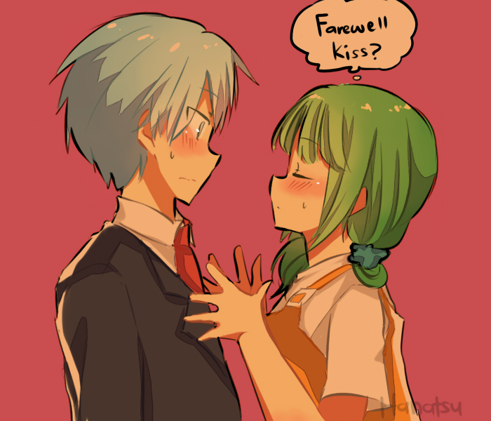 1boy 1girl ansatsu_kyoushitsu black_jacket blue_hair closed_eyes collared_shirt english_text green_hair hanatsu04 jacket kayano_kaede long_hair looking_at_another necktie pink_background shiota_nagisa shirt short_hair simple_background speech_bubble suit_jacket thought_bubble upper_body white_shirt