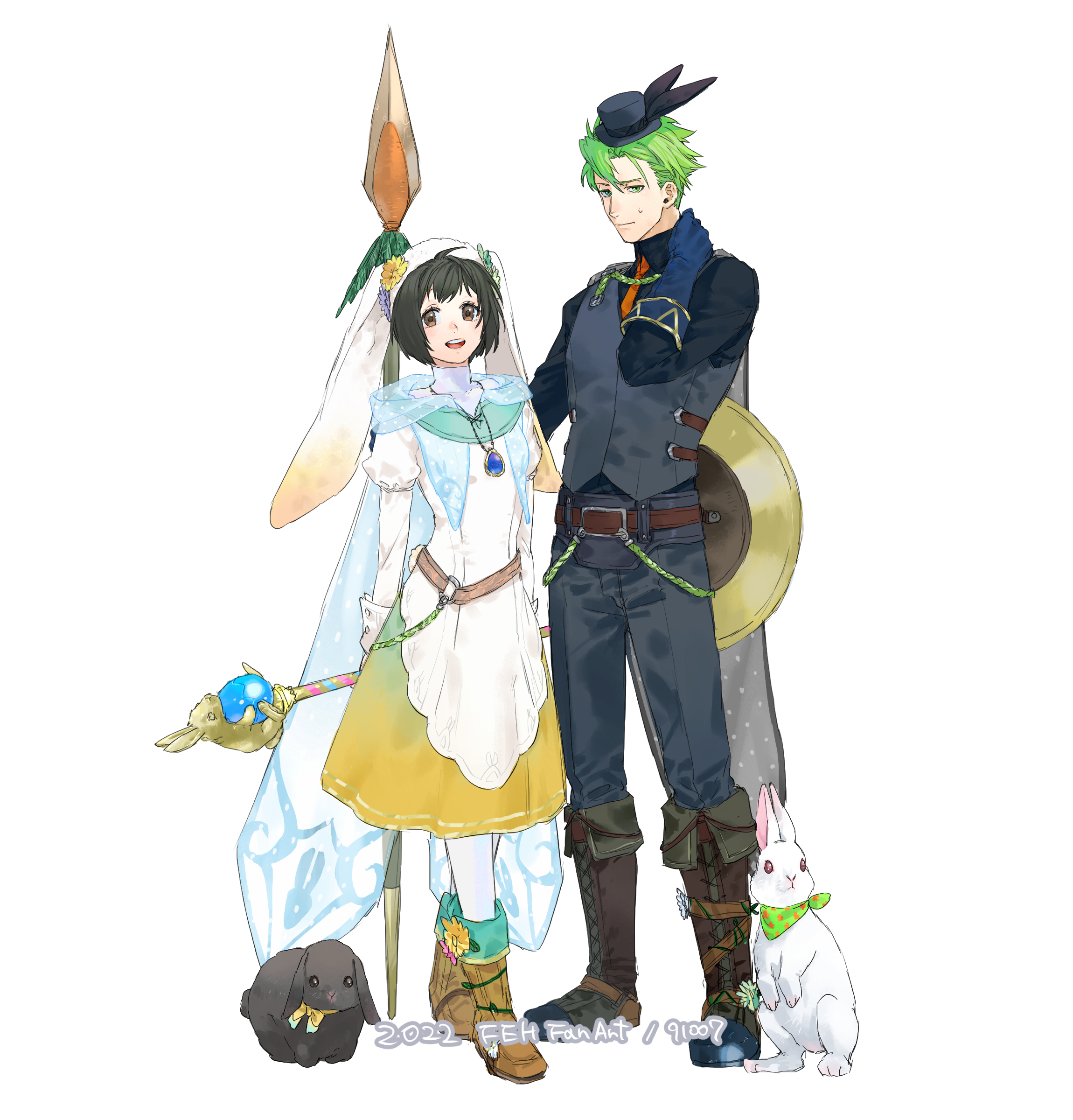 1boy 1girl 91007 absurdres ahoge alternate_costume animal animal_ears aran_(fire_emblem) artist_name belt black_hair black_pants blue_gloves boots bow breasts brown_boots brown_eyes closed_mouth commentary_request dated dress easter fake_animal_ears fire_emblem fire_emblem:_radiant_dawn fold-over_boots fold-over_gloves full_body gloves green_eyes green_hair grey_vest hand_on_own_neck hat high_collar highres holding holding_staff jewelry knee_boots laura_(fire_emblem) long_sleeves looking_at_viewer mage_staff medium_dress mini_hat mini_top_hat necklace necktie nintendo open_mouth orange_necktie pants polearm rabbit rabbit_ears shield short_hair simple_background small_breasts smile spear staff standing sweat teeth top_hat upper_teeth_only vest weapon white_background white_dress white_rabbit_(animal)