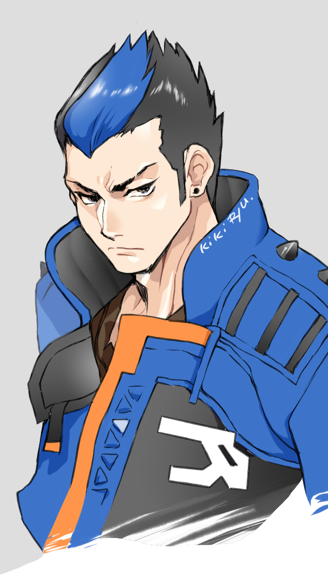 1boy animification black_eyes black_hair blue_hair blue_jacket grey_background hair_behind_ear hair_slicked_back jacket looking_to_the_side male_focus meteolance multicolored_hair solo streaked_hair upper_body v-shaped_eyebrows valorant yoru_(valorant)