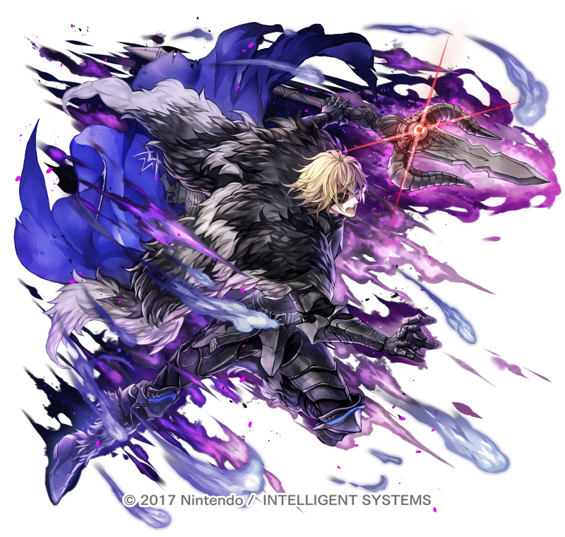 armor black_armor blonde_hair blue_cape boots cape copyright_notice dark_persona dimitri_alexandre_blaiddyd eyepatch fire_emblem fire_emblem:_three_houses fire_emblem_heroes fur_boots fur_trim holding holding_polearm holding_weapon male_focus nintendo official_art polearm senano-yu short_hair simple_background solo weapon white_background yellow_eyes