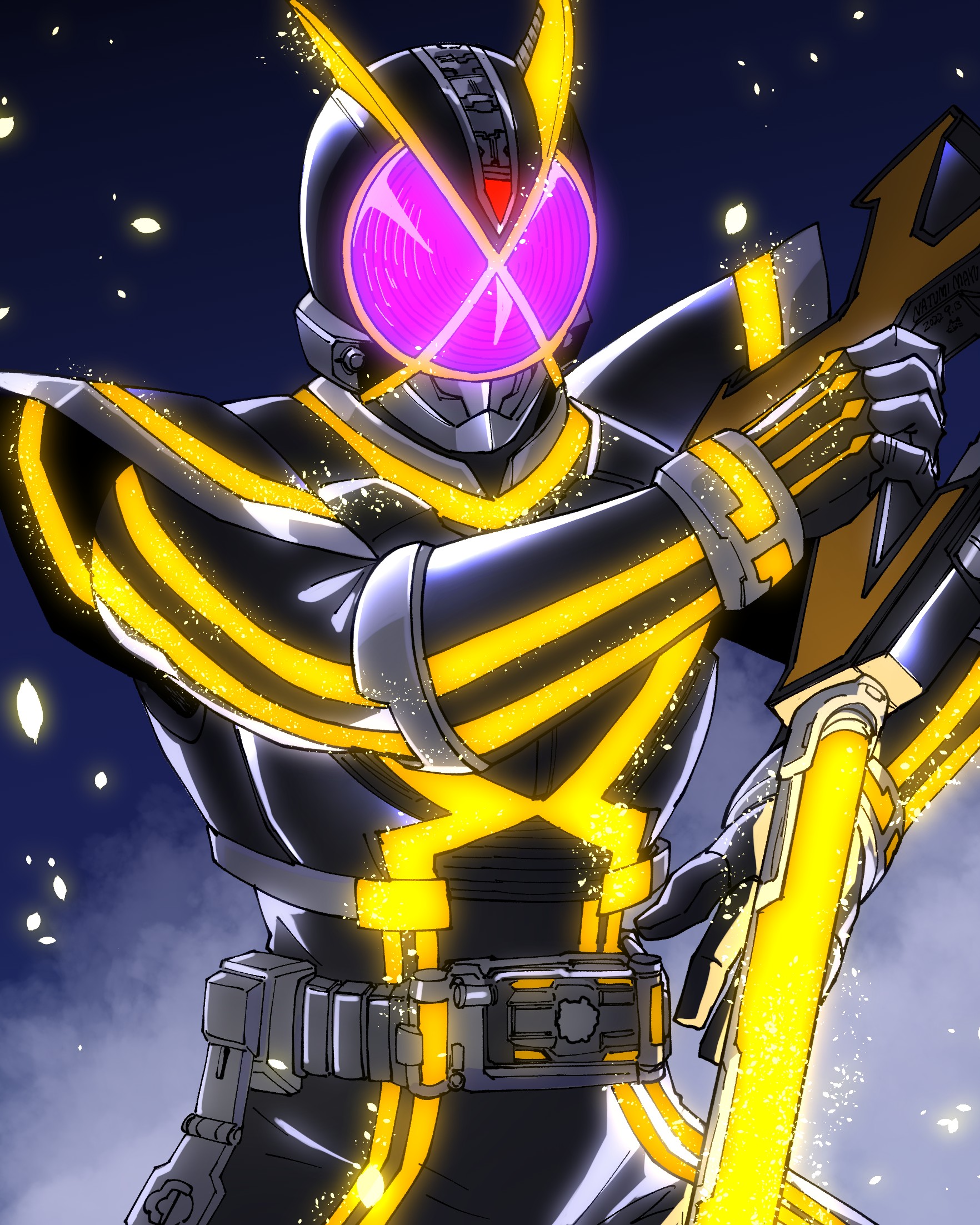 1boy amakawa_mayu armor belt bodysuit glowing glowing_eyes helmet highres holding holding_weapon kamen_rider kamen_rider_555 kamen_rider_kaixa male_focus neon_trim reverse_grip solo sword tokusatsu visor weapon